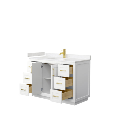 Miranda 48 Inch Single Bathroom Vanity in White Carrara Cultured Marble Countertop Undermount Square Sink Brushed Gold Trim