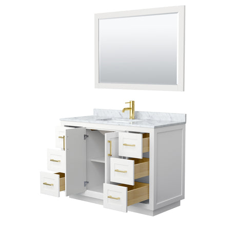 Miranda 48 Inch Single Bathroom Vanity in White White Carrara Marble Countertop Undermount Square Sink Brushed Gold Trim 46 Inch Mirror