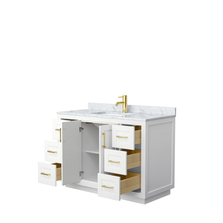 Miranda 48 Inch Single Bathroom Vanity in White White Carrara Marble Countertop Undermount Square Sink Brushed Gold Trim