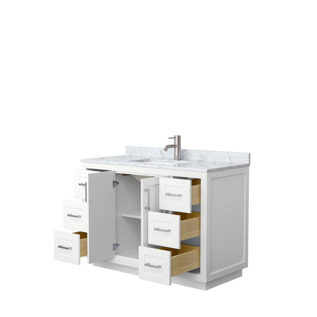 Miranda 48 Inch Single Bathroom Vanity in White White Carrara Marble Countertop Undermount Square Sink Brushed Nickel Trim