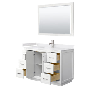 Miranda 48 Inch Single Bathroom Vanity in White White Cultured Marble Countertop Undermount Square Sink Brushed Nickel Trim 46 Inch Mirror