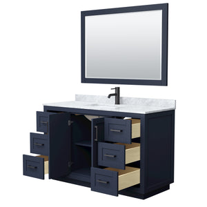 Miranda 54 Inch Single Bathroom Vanity in Dark Blue White Carrara Marble Countertop Undermount Square Sink Matte Black Trim 46 Inch Mirror