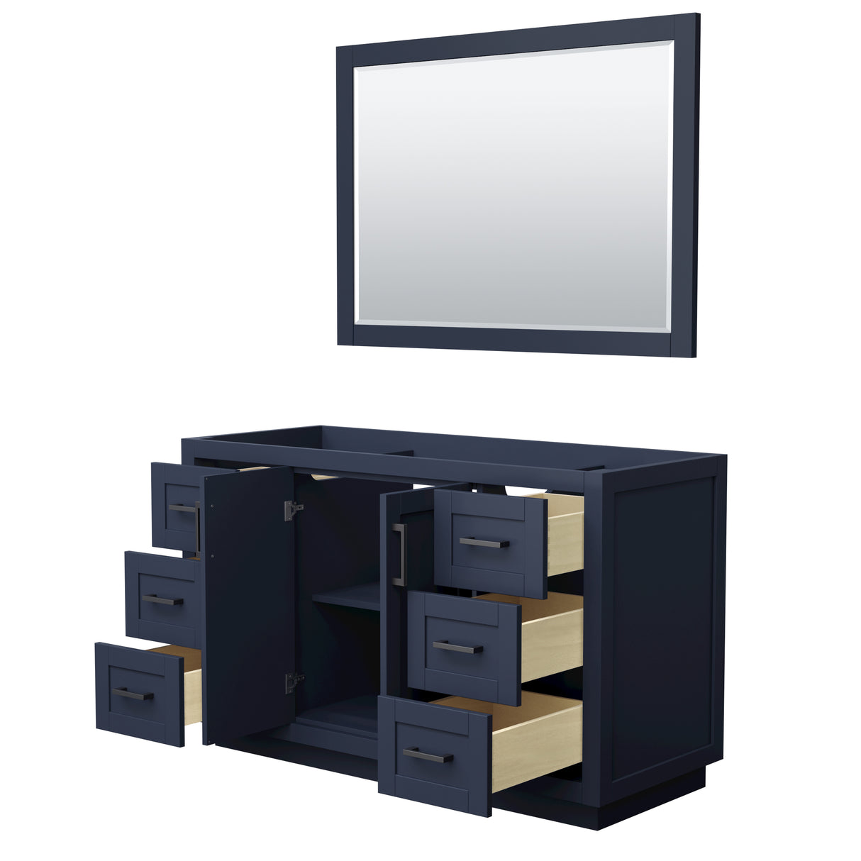 Miranda 54 Inch Single Bathroom Vanity in Dark Blue No Countertop No Sink Matte Black Trim 46 Inch Mirror