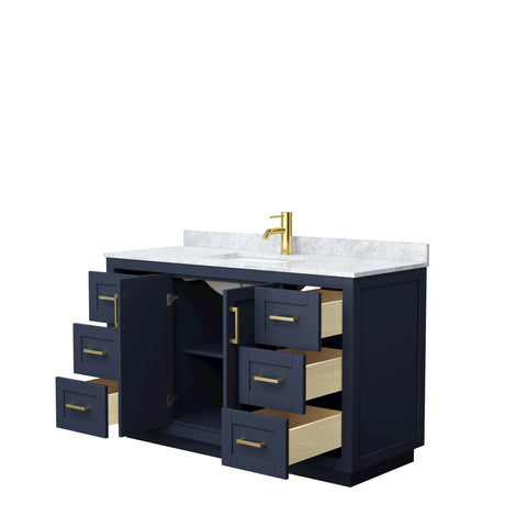 Miranda 54 Inch Single Bathroom Vanity in Dark Blue White Carrara Marble Countertop Undermount Square Sink Brushed Gold Trim