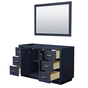 Miranda 54 Inch Single Bathroom Vanity in Dark Blue No Countertop No Sink Brushed Gold Trim 46 Inch Mirror
