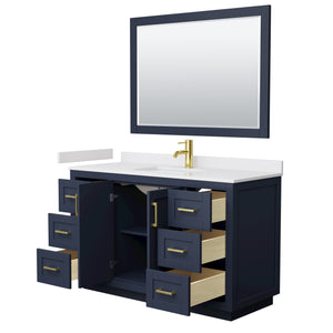 Miranda 54 Inch Single Bathroom Vanity in Dark Blue White Cultured Marble Countertop Undermount Square Sink Brushed Gold Trim 46 Inch Mirror