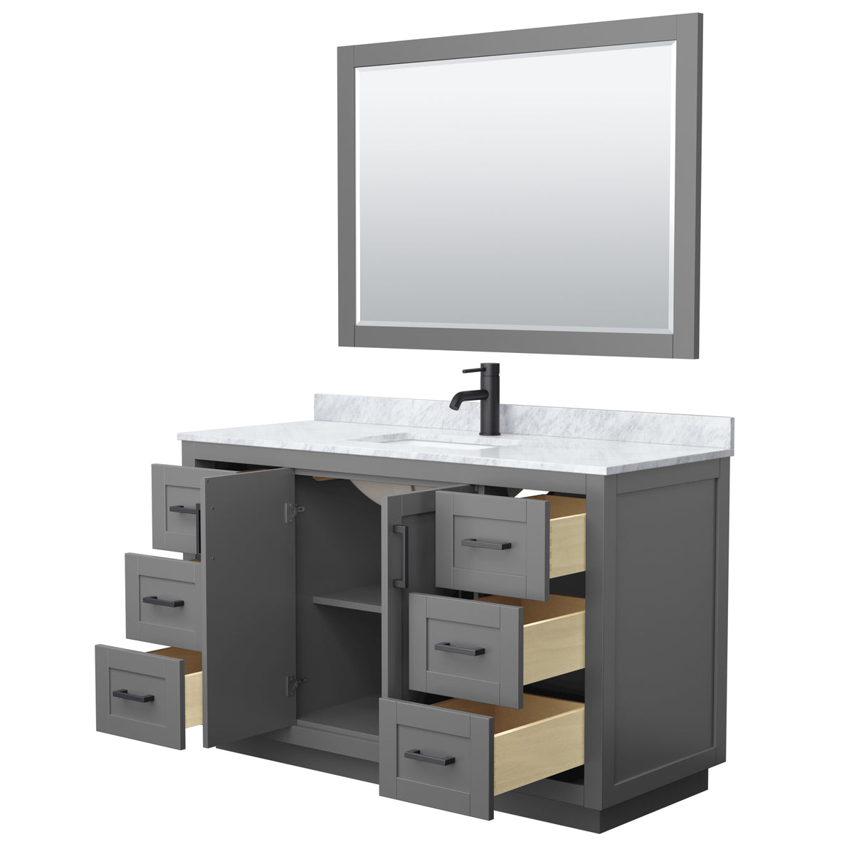 Miranda 54 Inch Single Bathroom Vanity in Dark Gray White Carrara Marble Countertop Undermount Square Sink Matte Black Trim 46 Inch Mirror