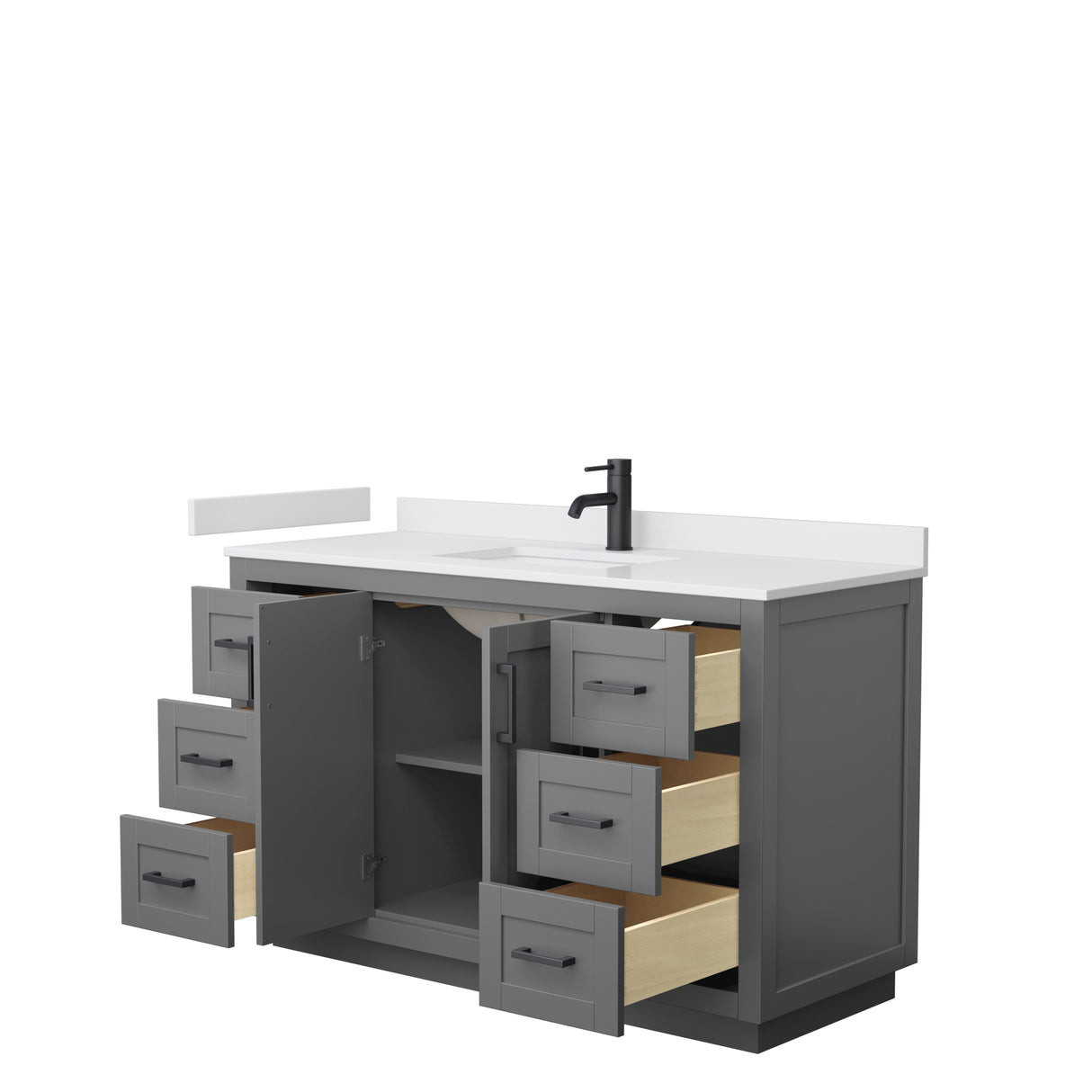 Miranda 54 Inch Single Bathroom Vanity in Dark Gray White Cultured Marble Countertop Undermount Square Sink Matte Black Trim