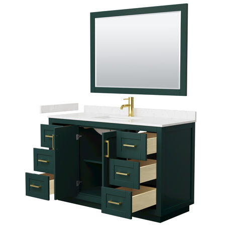 Miranda 54 Inch Single Bathroom Vanity in Green Carrara Cultured Marble Countertop Undermount Square Sink Brushed Gold Trim 46 Inch Mirror
