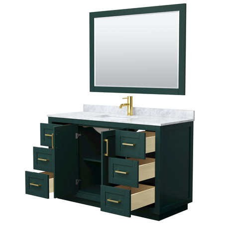 Miranda 54 Inch Single Bathroom Vanity in Green White Carrara Marble Countertop Undermount Square Sink Brushed Gold Trim 46 Inch Mirror