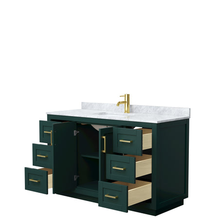 Miranda 54 Inch Single Bathroom Vanity in Green White Carrara Marble Countertop Undermount Square Sink Brushed Gold Trim