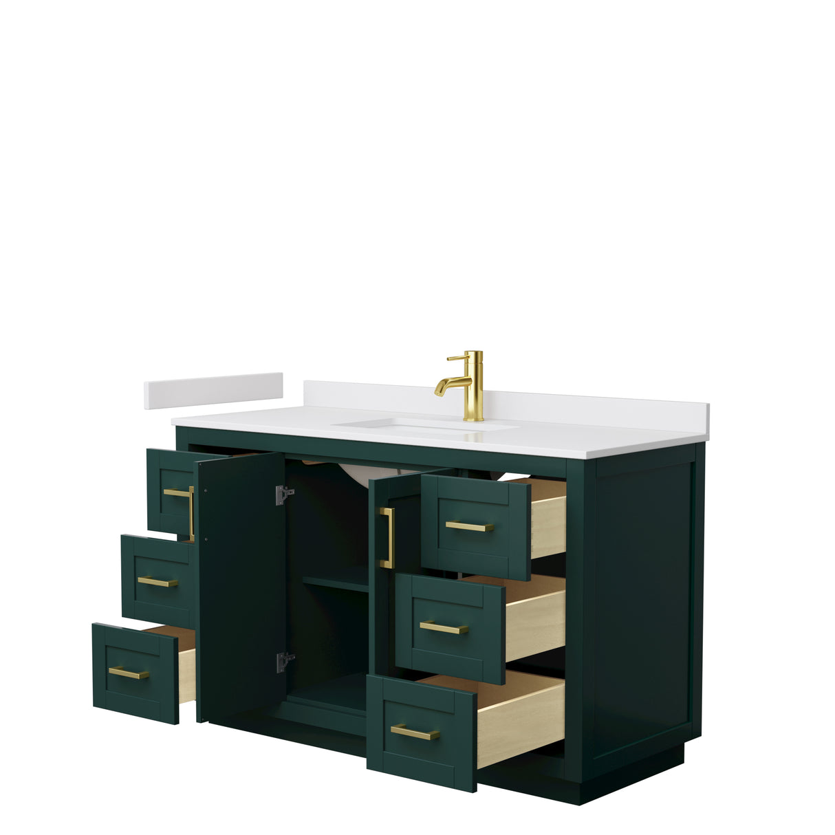 Miranda 54 Inch Single Bathroom Vanity in Green White Cultured Marble Countertop Undermount Square Sink Brushed Gold Trim