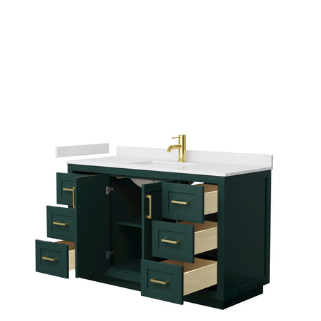 Miranda 54 Inch Single Bathroom Vanity in Green White Cultured Marble Countertop Undermount Square Sink Brushed Gold Trim