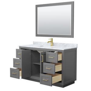 Miranda 54 Inch Single Bathroom Vanity in Dark Gray White Carrara Marble Countertop Undermount Square Sink Brushed Gold Trim 46 Inch Mirror