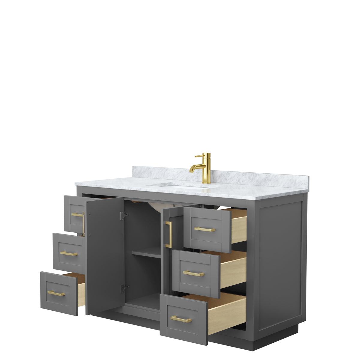 Miranda 54 Inch Single Bathroom Vanity in Dark Gray White Carrara Marble Countertop Undermount Square Sink Brushed Gold Trim