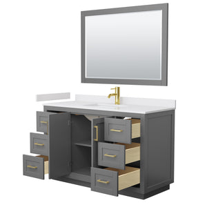Miranda 54 Inch Single Bathroom Vanity in Dark Gray White Cultured Marble Countertop Undermount Square Sink Brushed Gold Trim 46 Inch Mirror