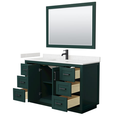 Miranda 54 Inch Single Bathroom Vanity in Green Carrara Cultured Marble Countertop Undermount Square Sink Matte Black Trim 46 Inch Mirror