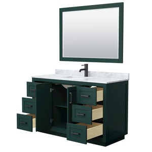 Miranda 54 Inch Single Bathroom Vanity in Green White Carrara Marble Countertop Undermount Square Sink Matte Black Trim 46 Inch Mirror