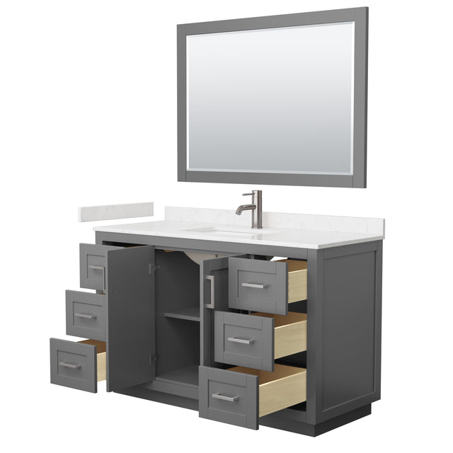 Miranda 54 Inch Single Bathroom Vanity in Dark Gray Carrara Cultured Marble Countertop Undermount Square Sink Brushed Nickel Trim 46 Inch Mirror