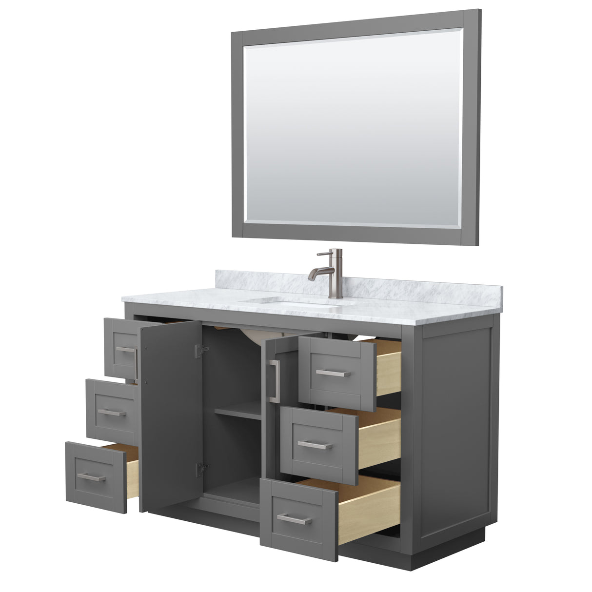 Miranda 54 Inch Single Bathroom Vanity in Dark Gray White Carrara Marble Countertop Undermount Square Sink Brushed Nickel Trim 46 Inch Mirror
