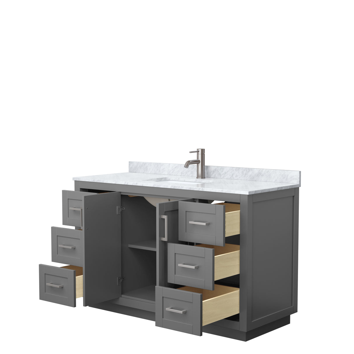 Miranda 54 Inch Single Bathroom Vanity in Dark Gray White Carrara Marble Countertop Undermount Square Sink Brushed Nickel Trim