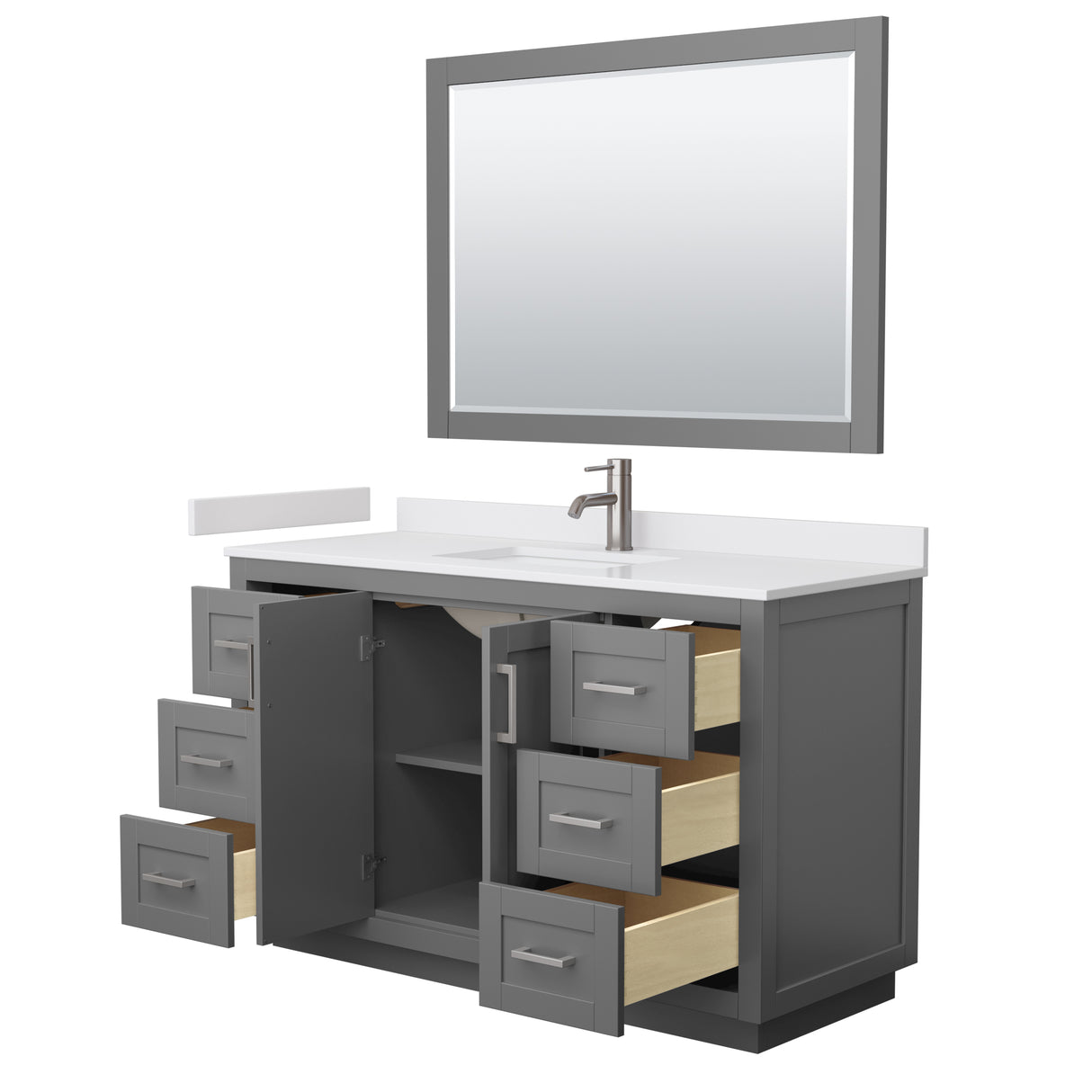 Miranda 54 Inch Single Bathroom Vanity in Dark Gray White Cultured Marble Countertop Undermount Square Sink Brushed Nickel Trim 46 Inch Mirror