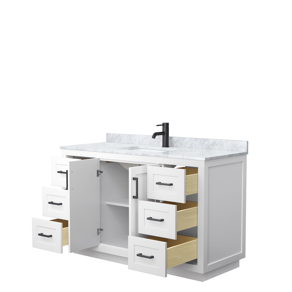 Miranda 54 Inch Single Bathroom Vanity in White White Carrara Marble Countertop Undermount Square Sink Matte Black Trim