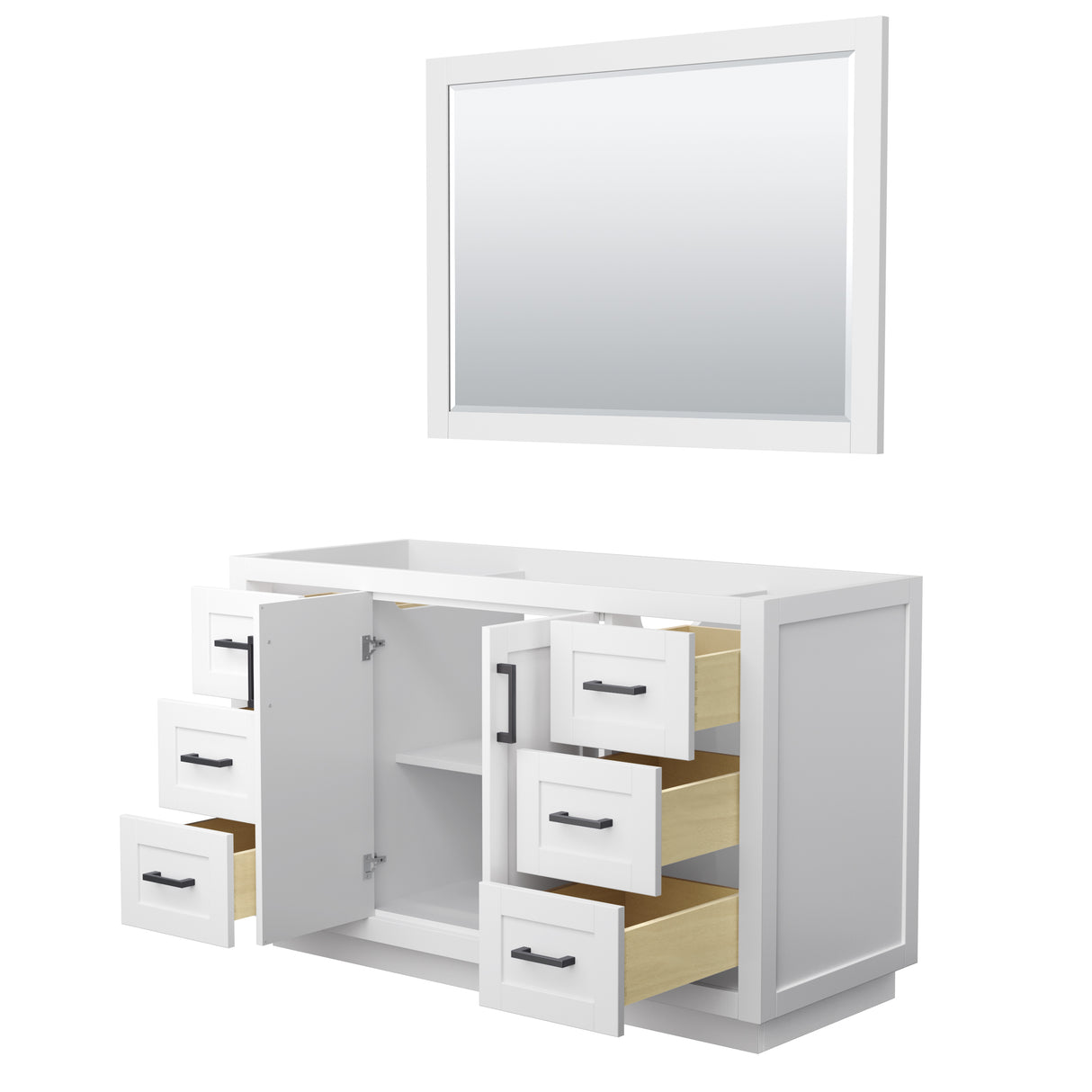 Miranda 54 Inch Single Bathroom Vanity in White No Countertop No Sink Matte Black Trim 46 Inch Mirror