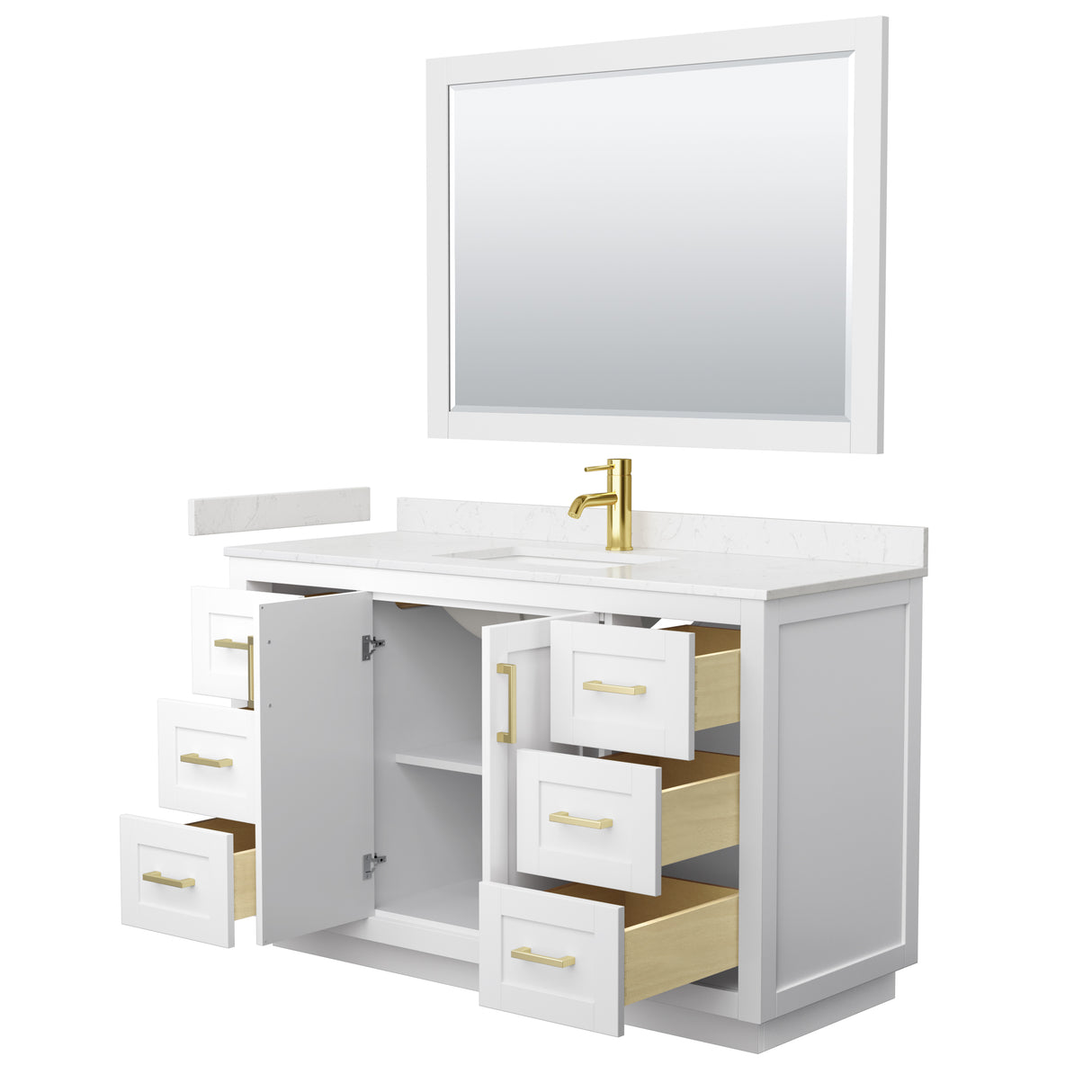 Miranda 54 Inch Single Bathroom Vanity in White Carrara Cultured Marble Countertop Undermount Square Sink Brushed Gold Trim 46 Inch Mirror