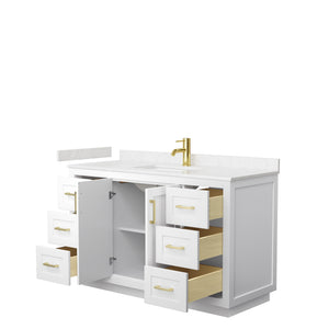 Miranda 54 Inch Single Bathroom Vanity in White Carrara Cultured Marble Countertop Undermount Square Sink Brushed Gold Trim