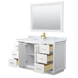 Miranda 54 Inch Single Bathroom Vanity in White White Carrara Marble Countertop Undermount Square Sink Brushed Gold Trim 46 Inch Mirror