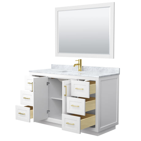 Miranda 54 Inch Single Bathroom Vanity in White White Carrara Marble Countertop Undermount Square Sink Brushed Gold Trim 46 Inch Mirror