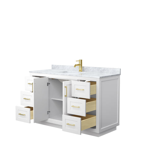 Miranda 54 Inch Single Bathroom Vanity in White White Carrara Marble Countertop Undermount Square Sink Brushed Gold Trim