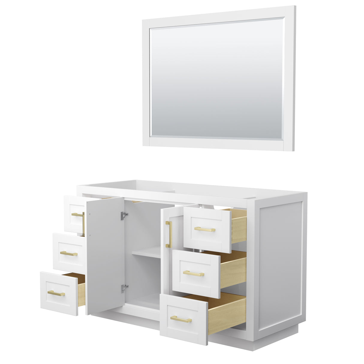 Miranda 54 Inch Single Bathroom Vanity in White No Countertop No Sink Brushed Gold Trim 46 Inch Mirror