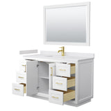 Miranda 54 Inch Single Bathroom Vanity in White White Cultured Marble Countertop Undermount Square Sink Brushed Gold Trim 46 Inch Mirror