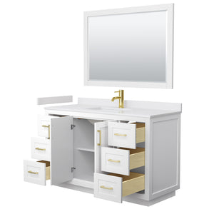 Miranda 54 Inch Single Bathroom Vanity in White White Cultured Marble Countertop Undermount Square Sink Brushed Gold Trim 46 Inch Mirror