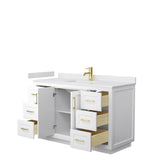 Miranda 54 Inch Single Bathroom Vanity in White White Cultured Marble Countertop Undermount Square Sink Brushed Gold Trim