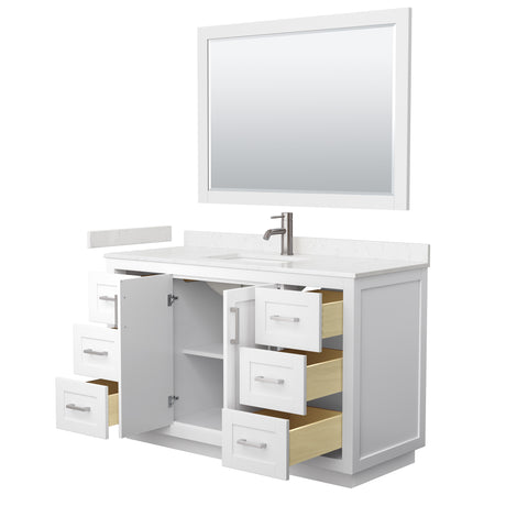 Miranda 54 Inch Single Bathroom Vanity in White Carrara Cultured Marble Countertop Undermount Square Sink Brushed Nickel Trim 46 Inch Mirror