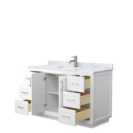 Miranda 54 Inch Single Bathroom Vanity in White White Carrara Marble Countertop Undermount Square Sink Brushed Nickel Trim