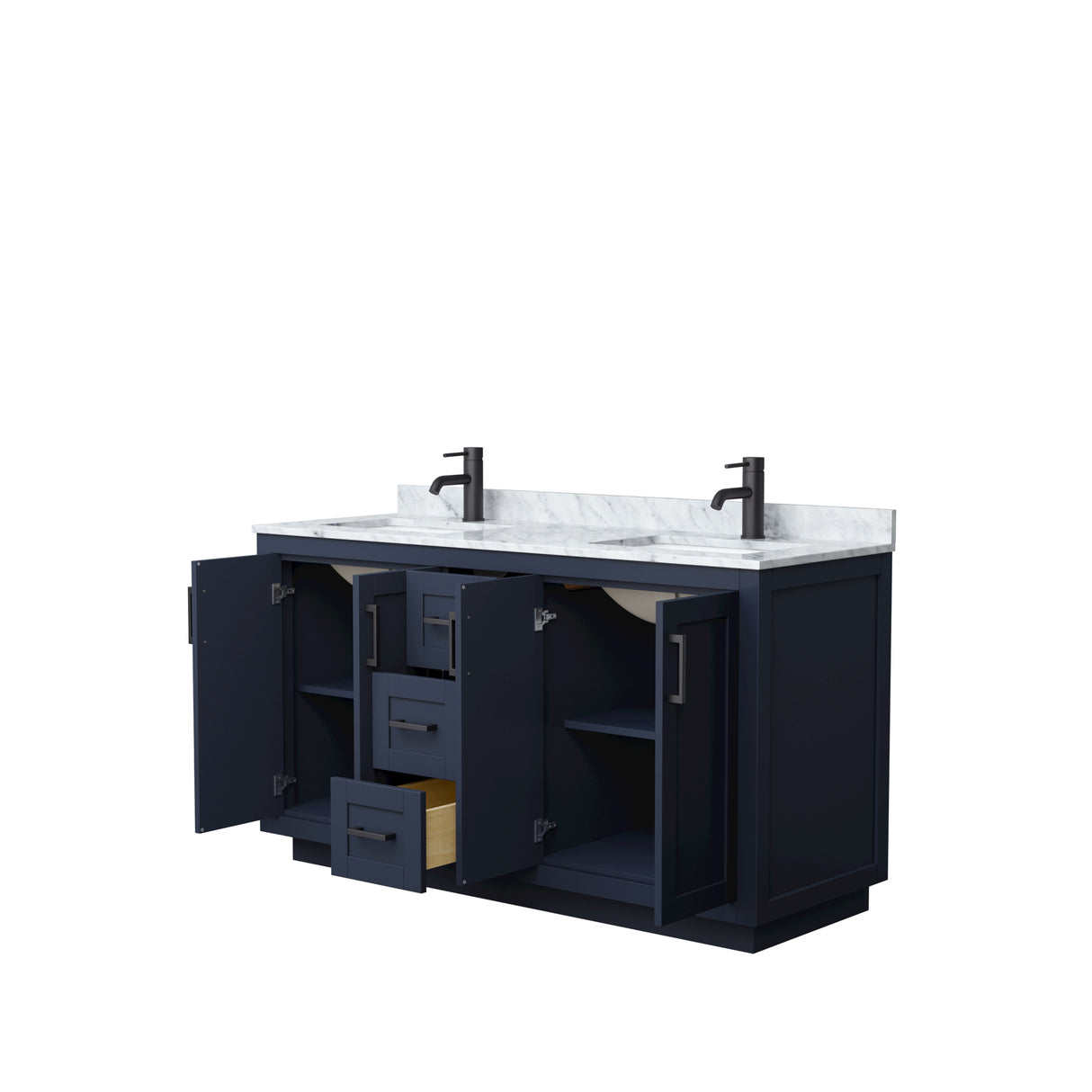 Miranda 60 Inch Double Bathroom Vanity in Dark Blue White Carrara Marble Countertop Undermount Square Sinks Matte Black Trim