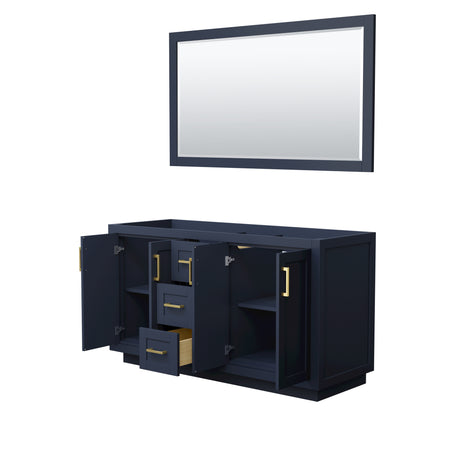 Miranda 60 Inch Double Bathroom Vanity in Dark Blue No Countertop No Sink Brushed Gold Trim 58 Inch Mirror