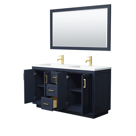 Miranda 60 Inch Double Bathroom Vanity in Dark Blue 1.25 Inch Thick Matte White Solid Surface Countertop Integrated Sinks Brushed Gold Trim 58 Inch Mirror