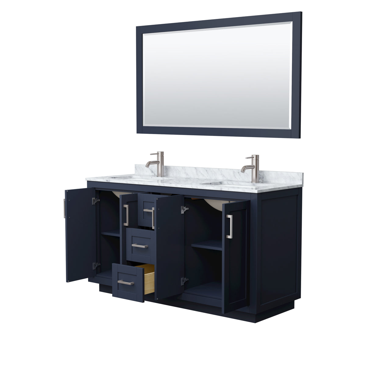 Miranda 60 Inch Double Bathroom Vanity in Dark Blue White Carrara Marble Countertop Undermount Square Sinks Brushed Nickel Trim 58 Inch Mirror