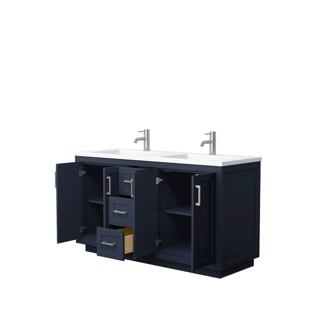 Miranda 60 Inch Double Bathroom Vanity in Dark Blue 1.25 Inch Thick Matte White Solid Surface Countertop Integrated Sinks Brushed Nickel Trim