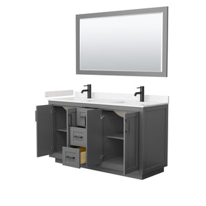 Miranda 60 Inch Double Bathroom Vanity in Dark Gray Carrara Cultured Marble Countertop Undermount Square Sinks Matte Black Trim 58 Inch Mirror