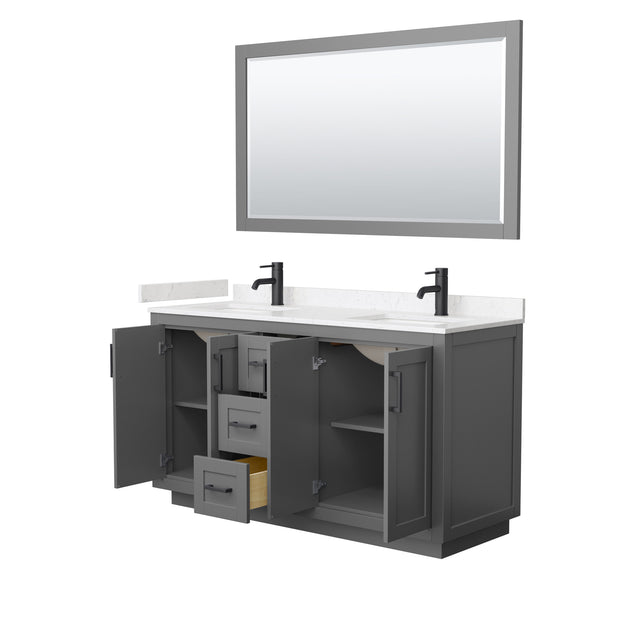 Miranda 60 Inch Double Bathroom Vanity in Dark Gray Carrara Cultured Marble Countertop Undermount Square Sinks Matte Black Trim 58 Inch Mirror