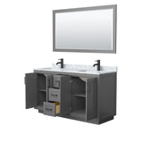 Miranda 60 Inch Double Bathroom Vanity in Dark Gray White Carrara Marble Countertop Undermount Square Sinks Matte Black Trim 58 Inch Mirror