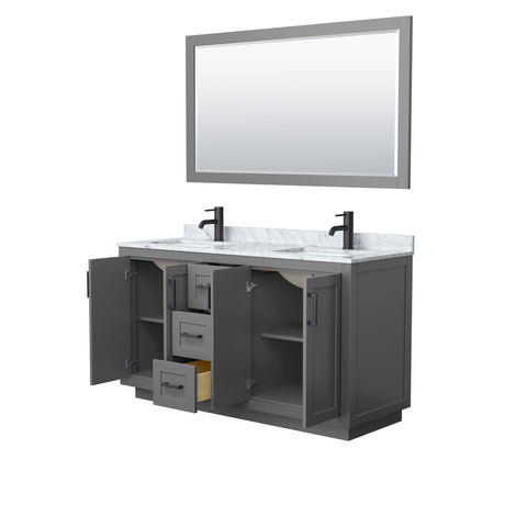 Miranda 60 Inch Double Bathroom Vanity in Dark Gray White Carrara Marble Countertop Undermount Square Sinks Matte Black Trim 58 Inch Mirror