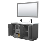 Miranda 60 Inch Double Bathroom Vanity in Dark Gray 1.25 Inch Thick Matte White Solid Surface Countertop Integrated Sinks Matte Black Trim 58 Inch Mirror