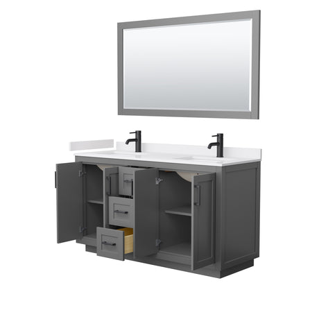 Miranda 60 Inch Double Bathroom Vanity in Dark Gray White Cultured Marble Countertop Undermount Square Sinks Matte Black Trim 58 Inch Mirror